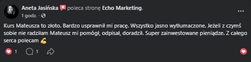 Opinia Anety Jasińskiej o kursie montażu, zrzut z Facebooka