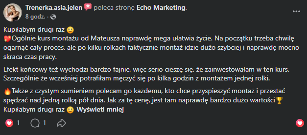 Opinia Joanny o kursie montażu, zrzut z Facebooka