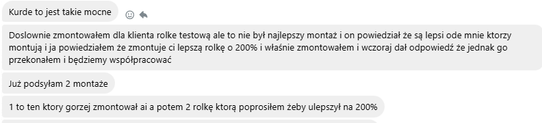 Wiadomość kursanta o tym, jak zmontowaną rolką przekonał klienta do współpracy